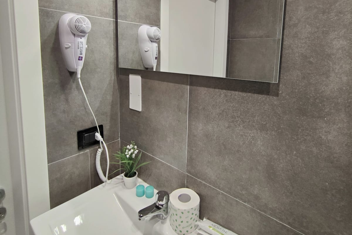 Ein Badezimmer mit einem weißen Waschbecken, zwei an der Wand befestigten Haartrocknern, einem Spiegel und einer kleinen Topfpflanze.