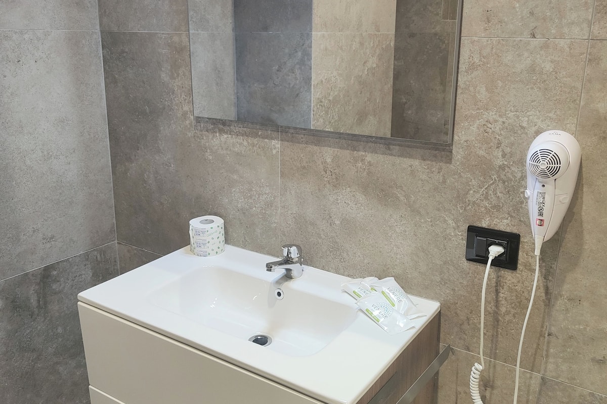 Ein Badezimmer mit einem weißen Waschbecken, einem Spiegel, einem Föhn und einer Toilettenpapierrolle.