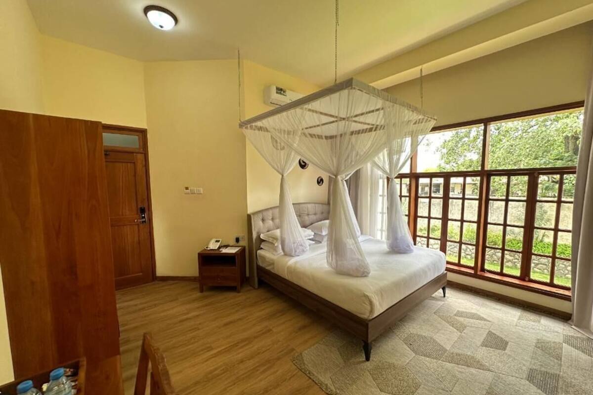 A bedroom with a bed, a nightstand, a wooden door, and a window with a view of greenery.