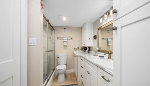 A modern bathroom with a glass-enclosed shower, a toilet, a vanity with a mirror, and a sink.