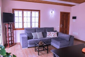Uma sala de estar com um sofá cinza, uma mesinha de centro, uma televisão sobre um móvel e uma janela com cortinas.