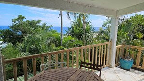 Une table et des chaises en bois sur un balcon offrant une vue sur l’océan et la végétation tropicale.