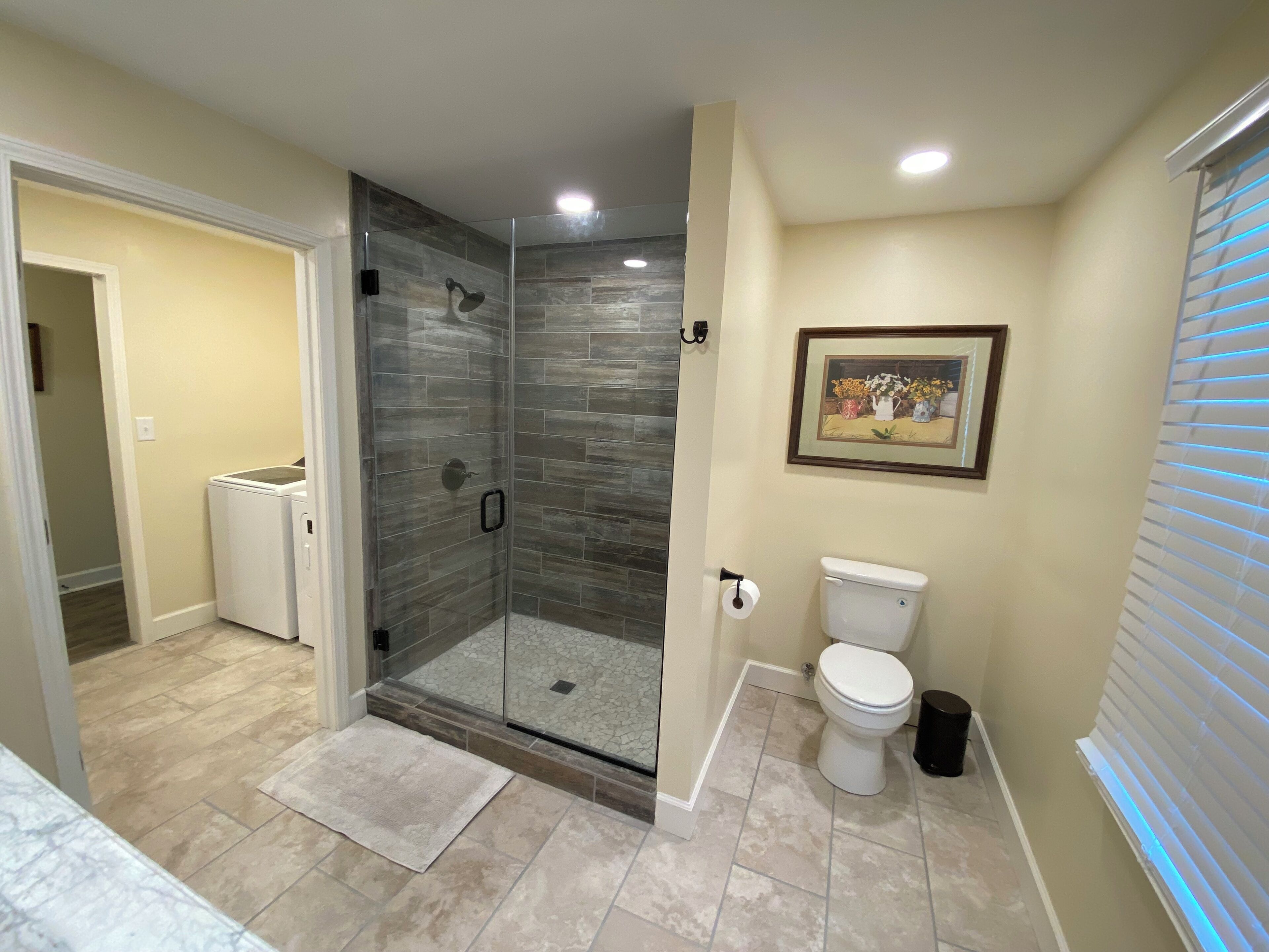 Shower, towels, toilet paper