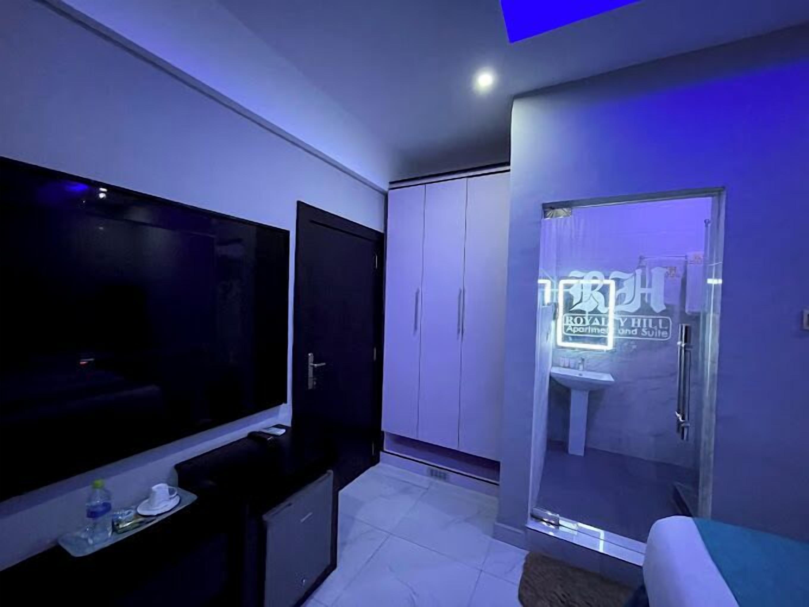Ein modernes Wohnzimmer mit Fernseher, Glastür zum Badezimmer und einer Couch.