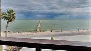 A beach view with a wooden pier extending into the water, a palm tree, and a clear sky. - Heron House | Pet-friendly with Private Pool (Rockport)