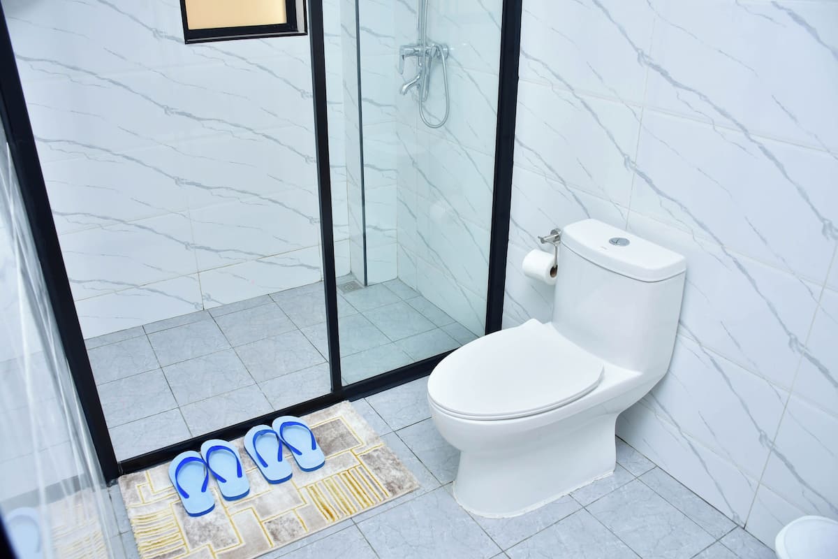 Une salle de bain avec une douche à parois de verre, des toilettes blanches et une paire de tongs bleues posées sur un tapis.