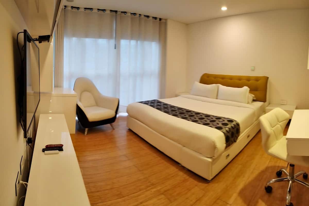 1 bedroom, desk, laptop workspace, blackout curtains