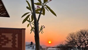 A rooftop terrace with a view of the sunset, potted plants, and a building with a geometric design. - Quiet stay near Zócalo · Wi-Fi · Terrace · Walkable · For 2 guest (Oaxaca de Juárez)