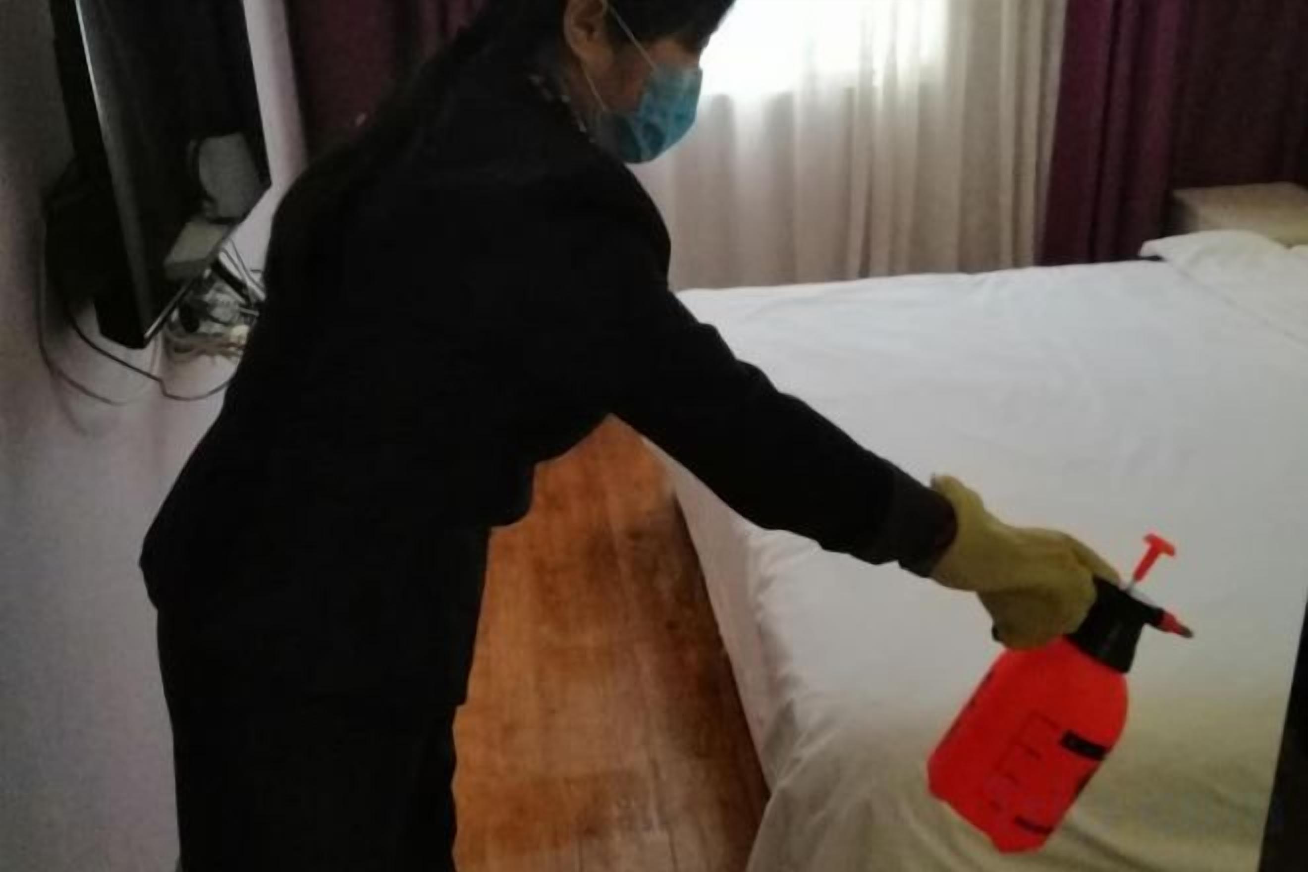 A person cleaning a bed with a spray bottle.