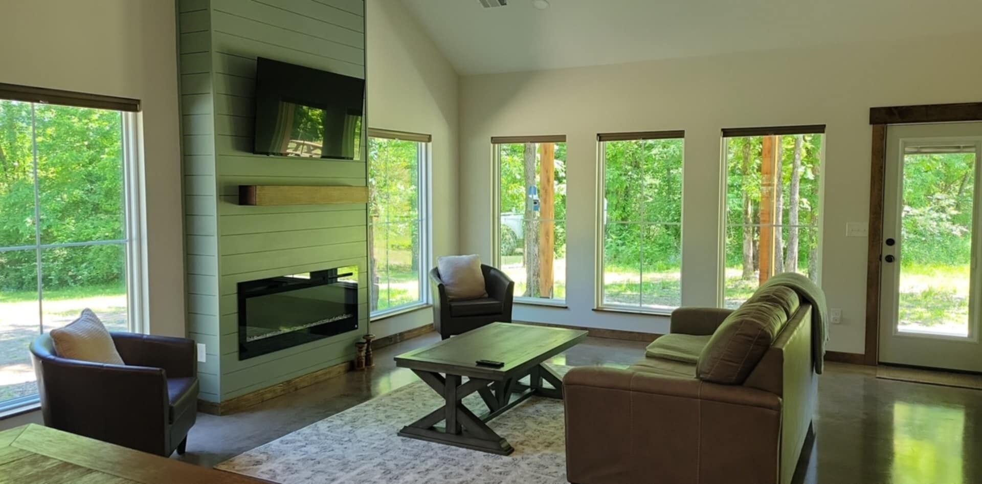 Smart TV, fireplace, books