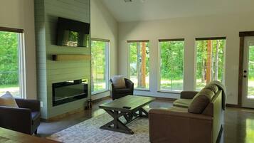 Smart TV, fireplace, books