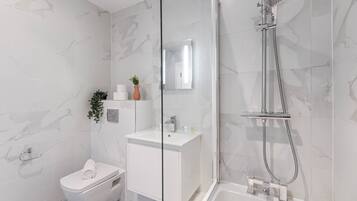 Shower, hair dryer, towels, soap