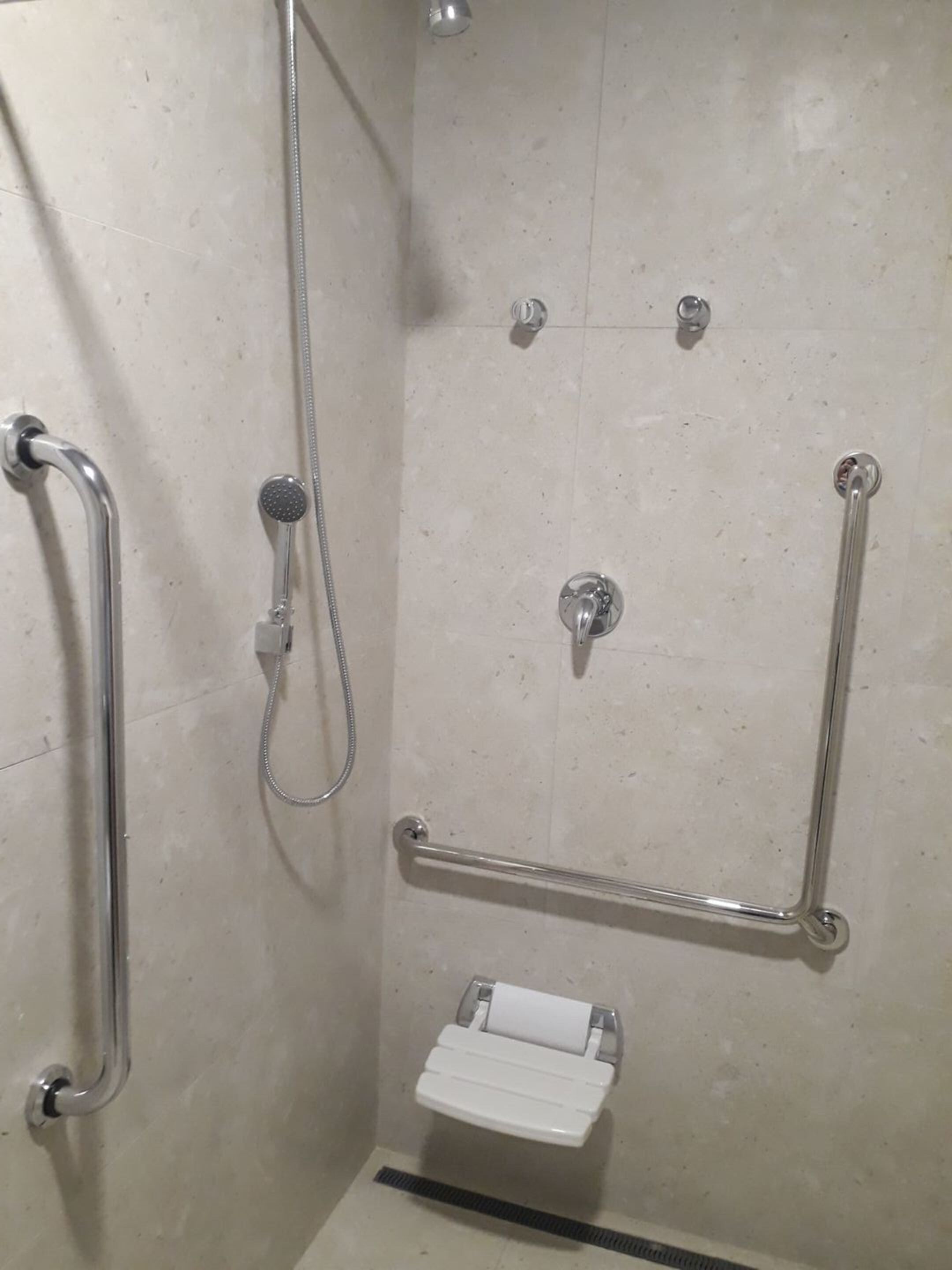 A shower area with a handheld showerhead, grab bars, and a toilet paper holder.