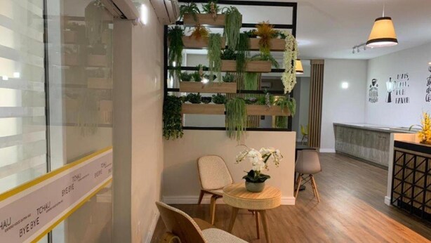 A modern office space with a wooden floor, a reception desk, and a wall-mounted plant shelf. - Hotel Graal Inn Uberaba (Uberaba)