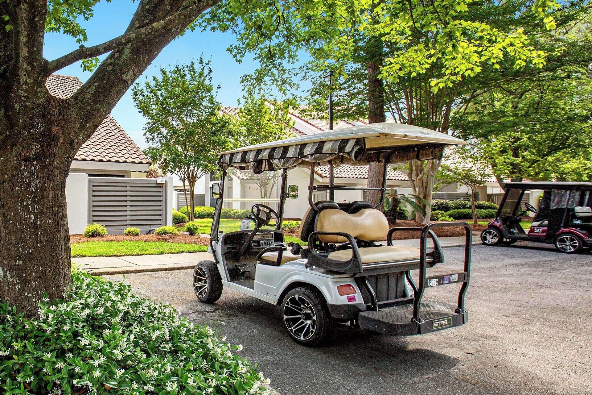 A golf cart parked in a residential area with houses, trees, and a well-maintained lawn.