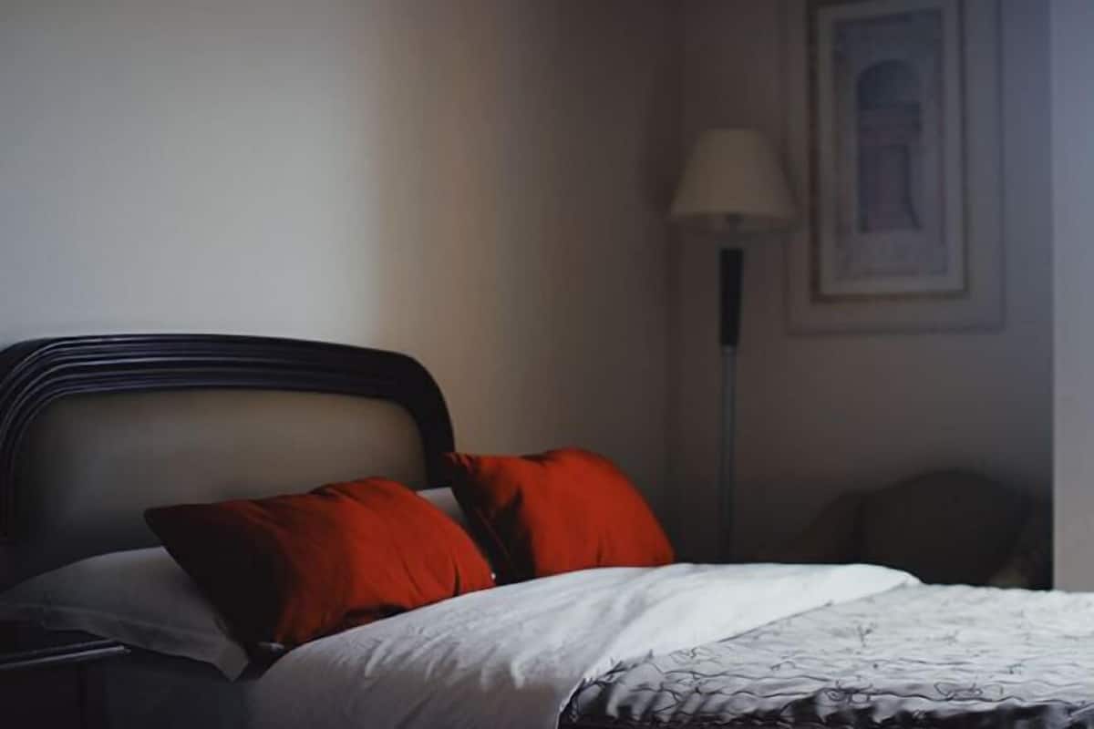 A neatly made bed with white and red bedding, a dark headboard, and a framed picture on the wall.