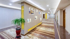 A hotel corridor with a patterned carpet, a potted plant, and framed pictures on the walls. - UPLS Hotel (Zhongwei)