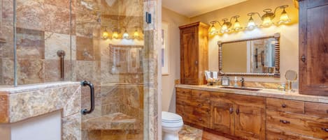 Shower, jetted tub, towels