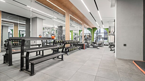 A modern gym with exercise equipment, benches, and a mirrored wall. - Silkhaus Sayl 25 (Riyadh)