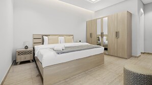 A modern bedroom with a large bed, wooden wardrobe, and a bedside table with a lamp. - Silkhaus Majidia 127 (Riyadh)