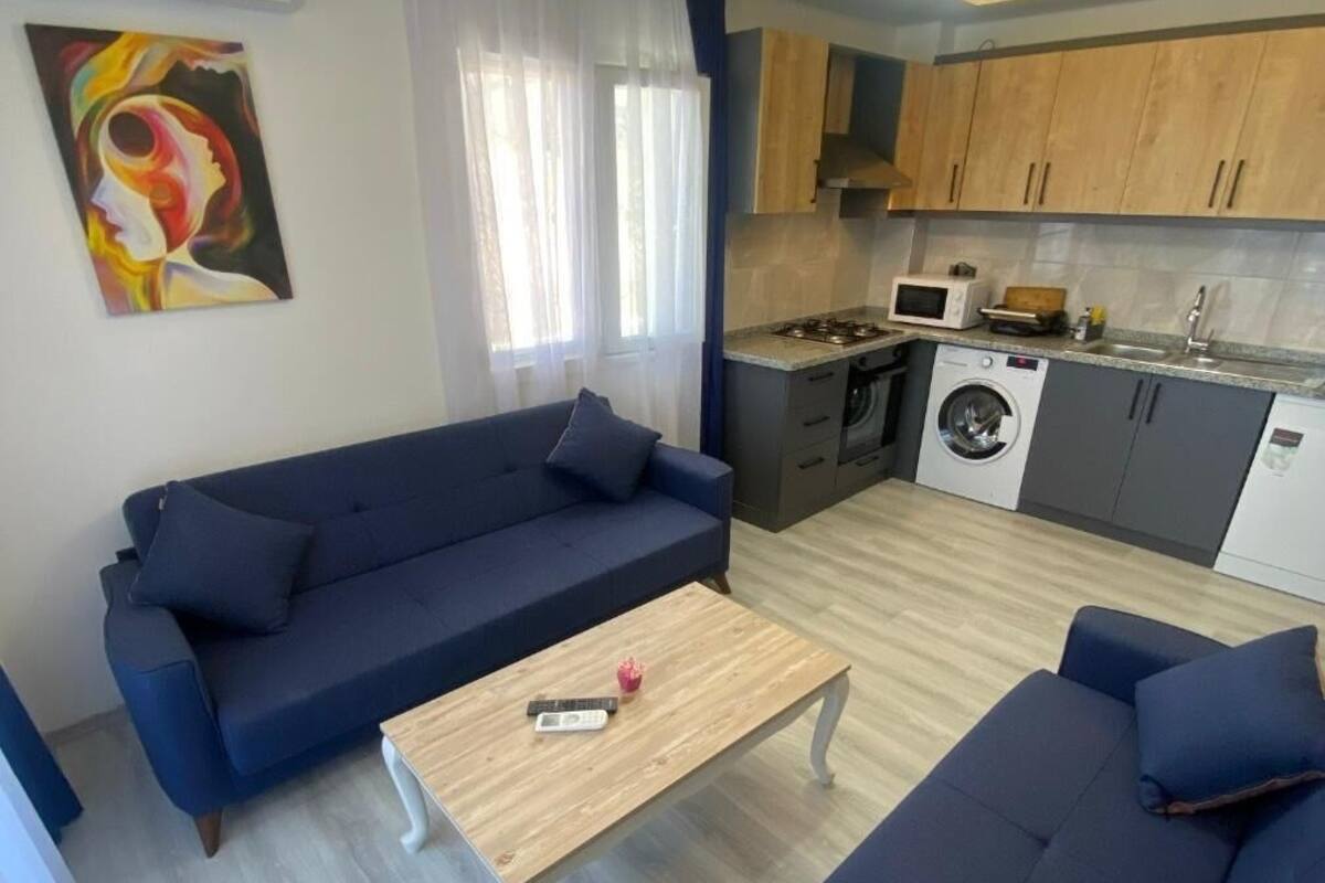 A compact living space with a sofa set, a coffee table, a washing machine, and a microwave in the kitchen area.