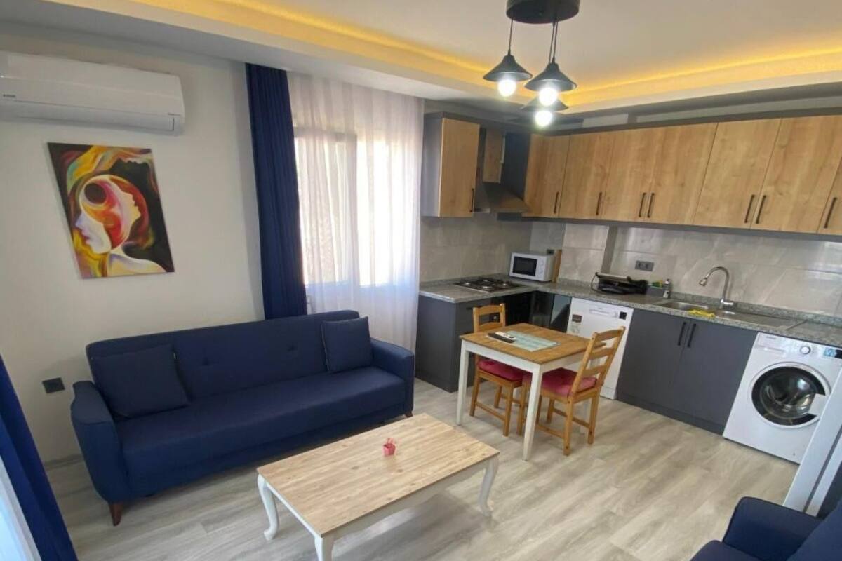 A compact living space with a sofa, a dining table, a washing machine, and a kitchenette.