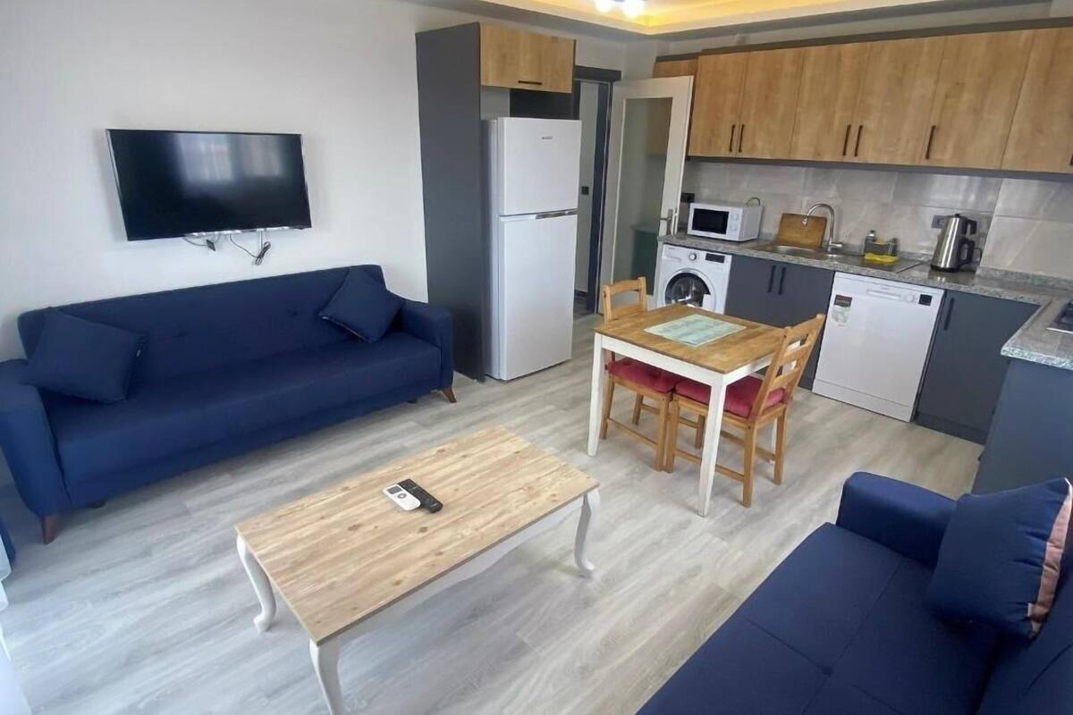 A compact living space with a sofa, a coffee table, a TV, a kitchen area with a microwave, and a washing machine.