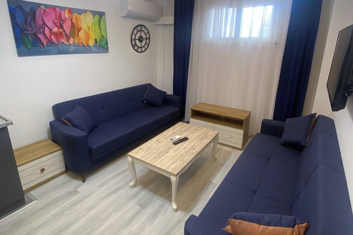 A modern living room with a blue sofa, a wooden coffee table, and a ceiling fan.