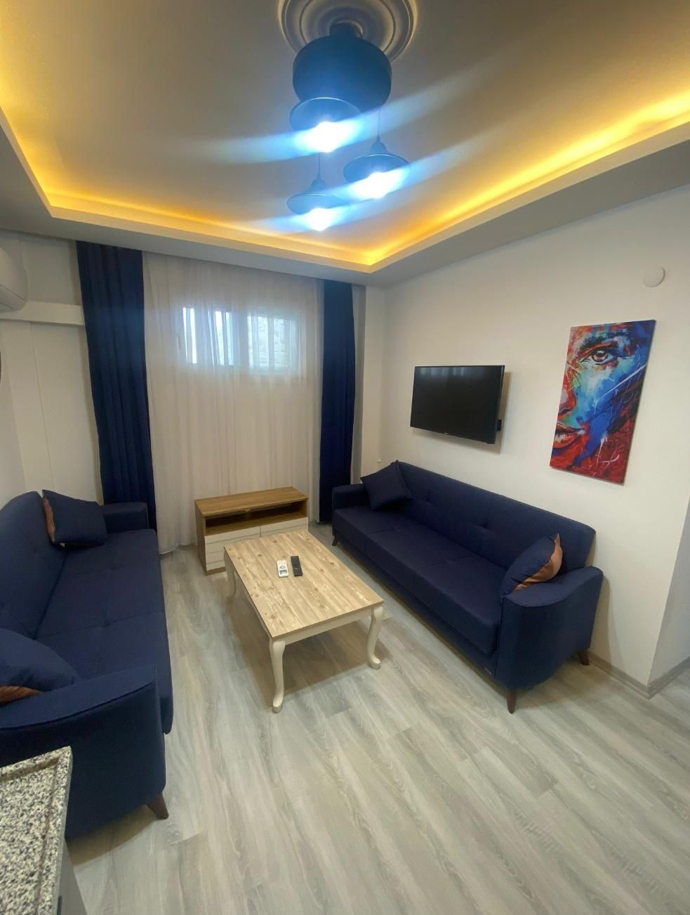 Uma sala de estar moderna com um ventilador de teto, uma TV de tela plana e um quadro na parede.