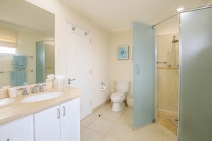 Shower, hair dryer, towels, soap - Palm Beach 401, Hastings Barbados, 2 Bdrm Condo. STUNNING Ocean & Garden Views! (Hastings)