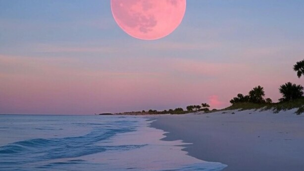 Escena de playa con una luna rosa grande, agua tranquila y una costa distante con vegetación escasa.