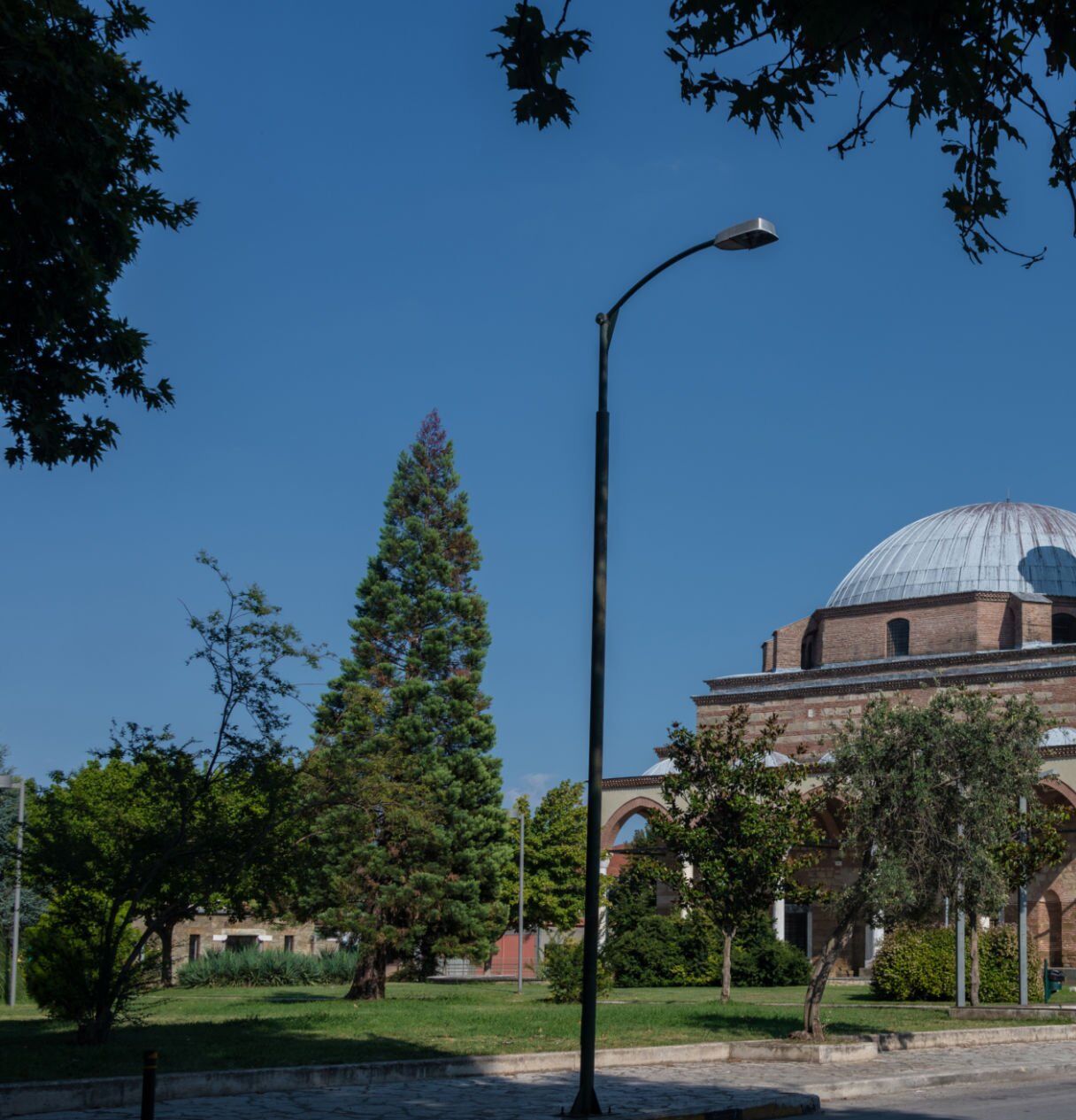 Un lampadaire dans un parc, avec un grand arbre et un bâtiment surmonté d’un dôme en arrière-plan.