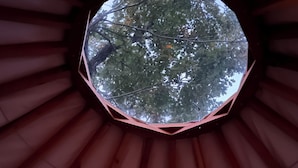 Un tragaluz circular con vistas a árboles a través del vidrio.