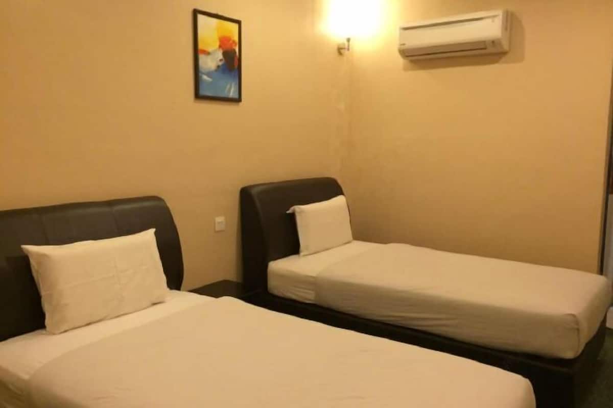 Two single beds with black headboards in a room with beige walls, an air conditioning unit, and a painting on the wall.