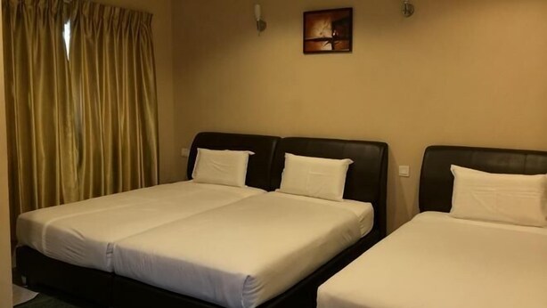 A hotel room with two beds, a painting on the wall, and an air conditioning unit. - Grandview VIP Home (Gali)