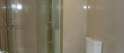 A modern bathroom with a glass shower enclosure, a toilet, and a sink.