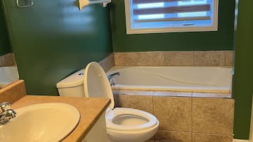 Hair dryer, bidet, towels, soap