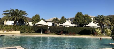 A swimming pool with lounge chairs and umbrellas, surrounded by greenery and buildings.