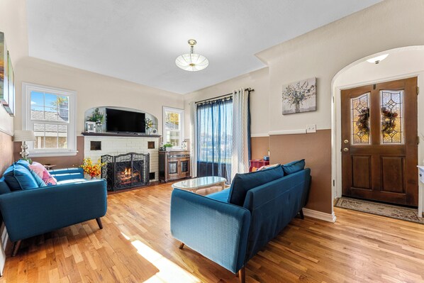 Smart TV, fireplace, books