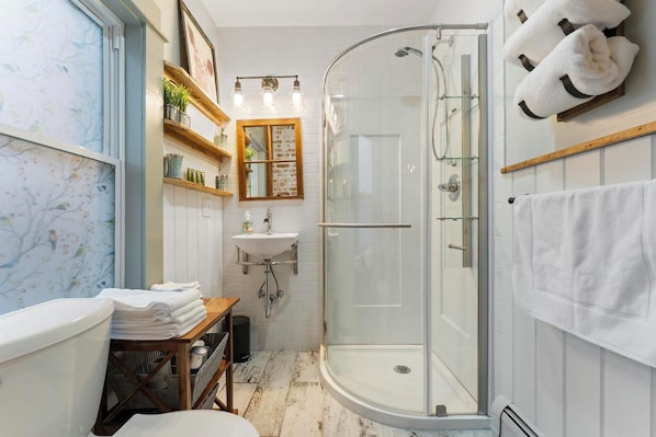 Hair dryer, towels, soap, toilet paper