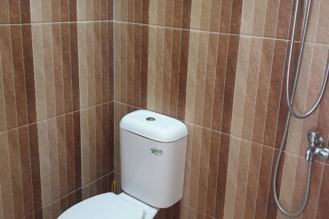 A bathroom with a toilet, a shower, and a wall with vertical stripes.