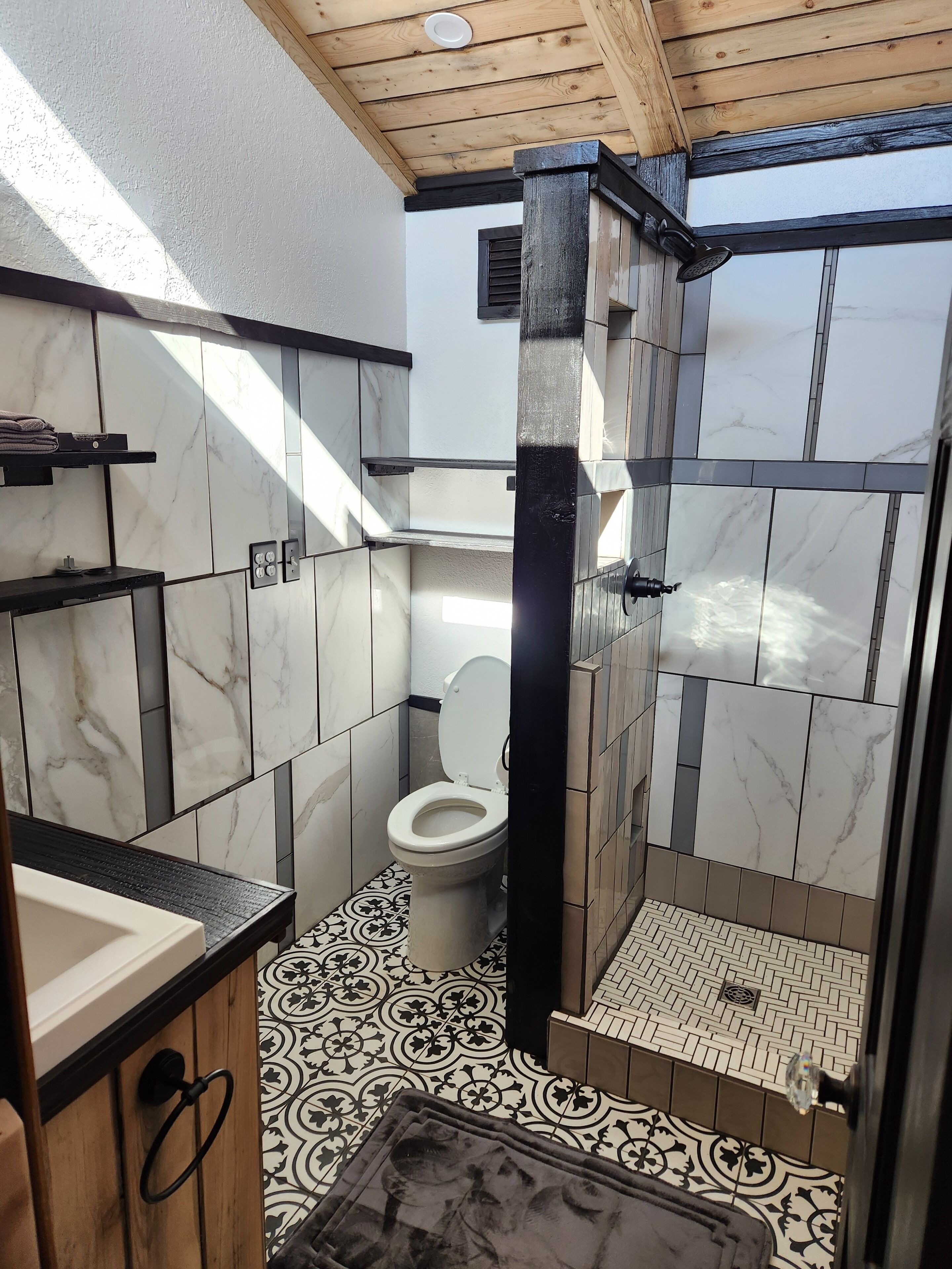 Hair dryer, towels, soap, shampoo