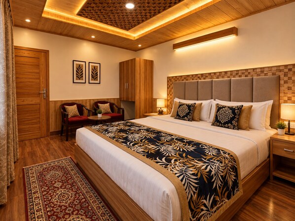 A hotel room with a large bed, wooden headboard, a red sofa, a small table, and a nightstand with a lamp. - Vizvei (Shimla)