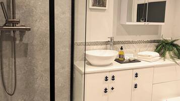 Shower, towels, soap, toilet paper