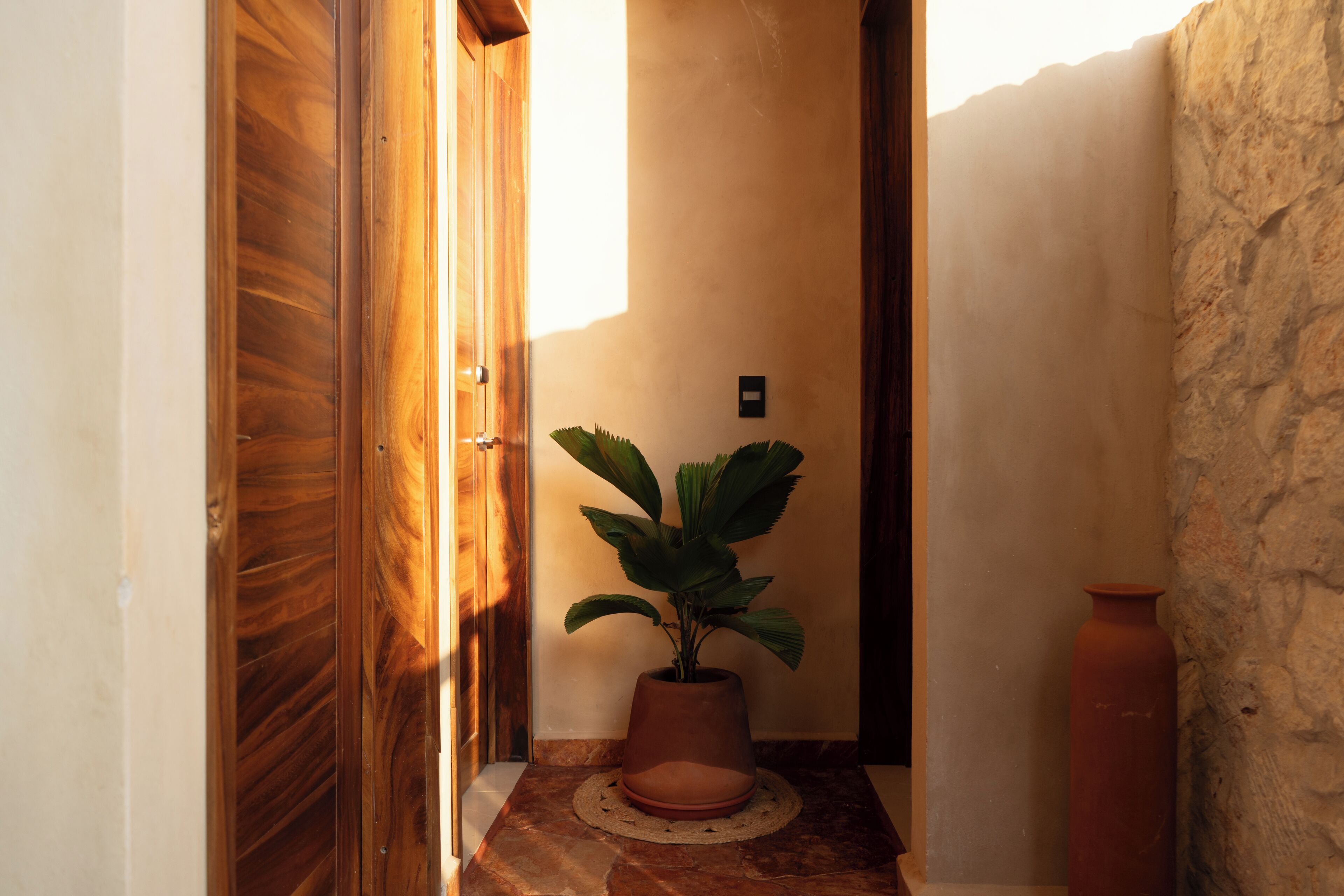 A hallway with a wooden door, a potted plant, and a vase on a tiled floor.