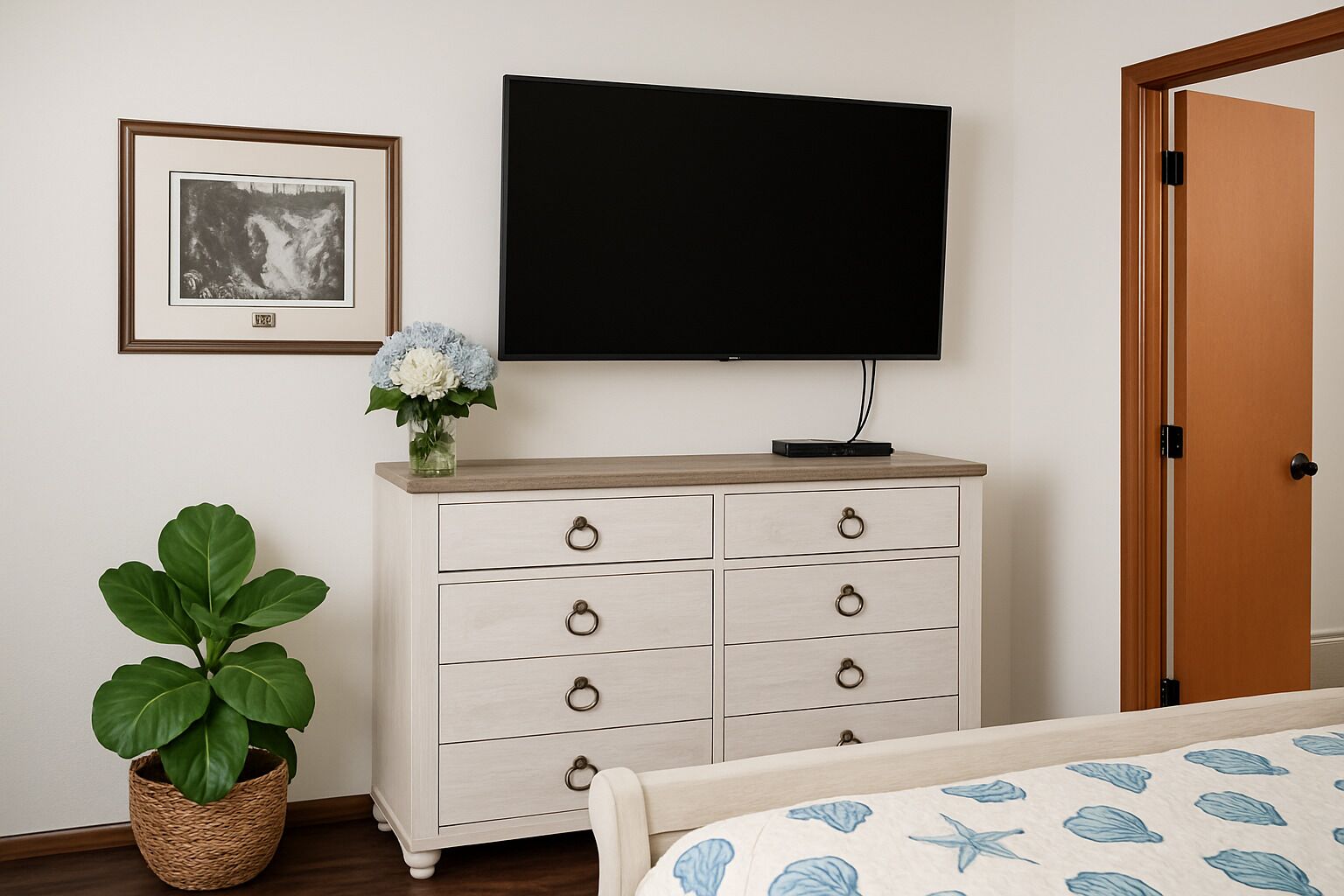 Un dormitorio con una cama, un aparador, un televisor, un cuadro enmarco y una planta en maceta.