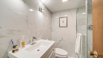 Hair dryer, towels, soap, shampoo