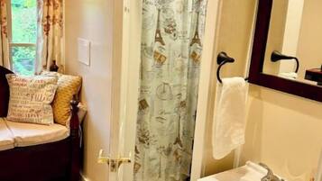 Hair dryer, towels, soap, toilet paper