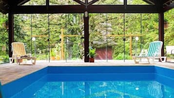 Indoor pool, outdoor pool, open 9:00 AM to 9:00 PM, pool loungers