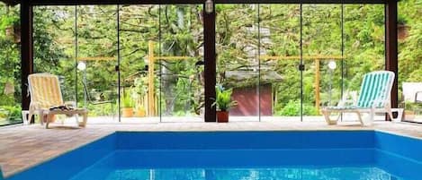 Indoor pool, outdoor pool, open 9:00 AM to 9:00 PM, pool loungers